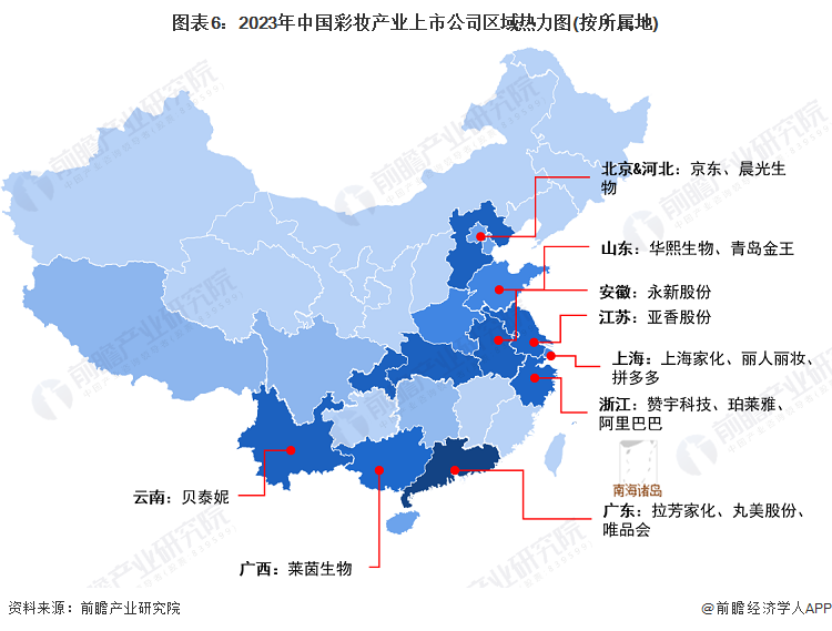 图表6：2023年中国彩妆产业上市公司区域热力图(按所属地)