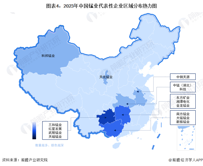 图表4：2023年中国锰业代表性企业区域分布热力图
