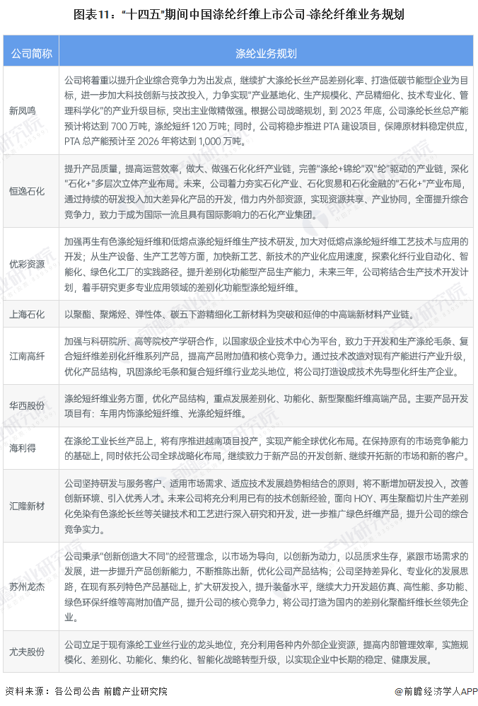 图表11：“十四五”期间中国涤纶纤维上市公司-涤纶纤维业务规划