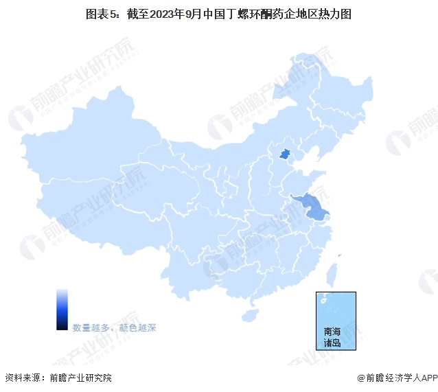 图表5：截至2023年9月中国丁螺环酮药企地区热力图