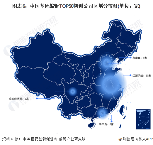 图表6：中国基因编辑TOP50初创公司区域分布图(单位：家)