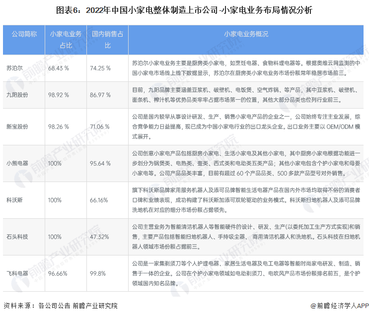 图表6：2022年中国小家电整体制造上市公司-小家电业务布局情况分析