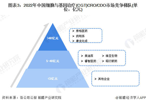 图表3：2022年中国细胞与基因治疗(CGT)CRO/CDO市场竞争梯队(单位：亿元)