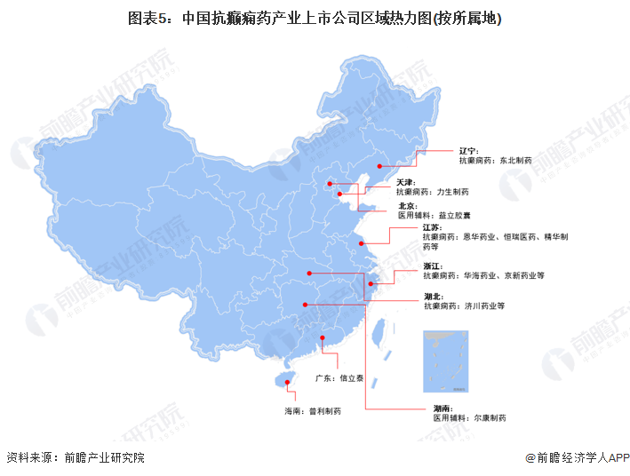 图表5：中国抗癫痫药产业上市公司区域热力图(按所属地)