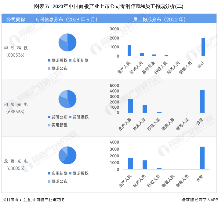 图表7：2023年中国面板产业上市公司专利信息和员工构成分析(二)