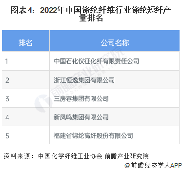 图表4：2022年中国涤纶纤维行业涤纶短纤产量排名