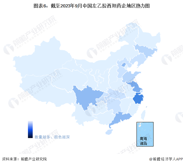 图表6：截至2023年9月中国左乙拉西坦药企地区热力图