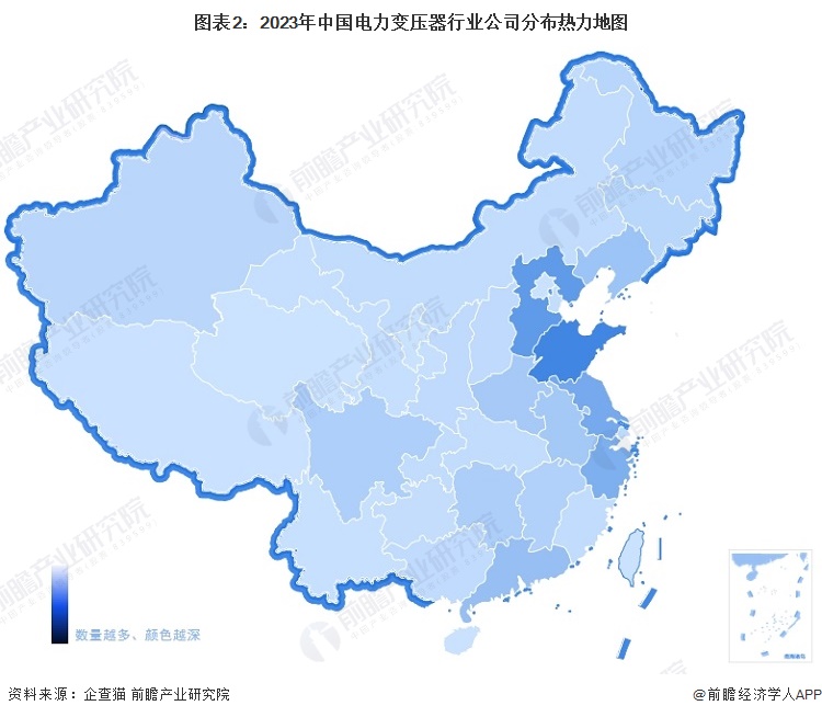 图表2：2023年中国电力变压器行业公司分布热力地图