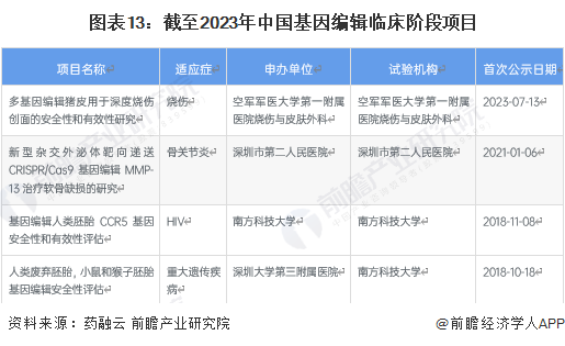 图表13：截至2023年中国基因编辑临床阶段项目