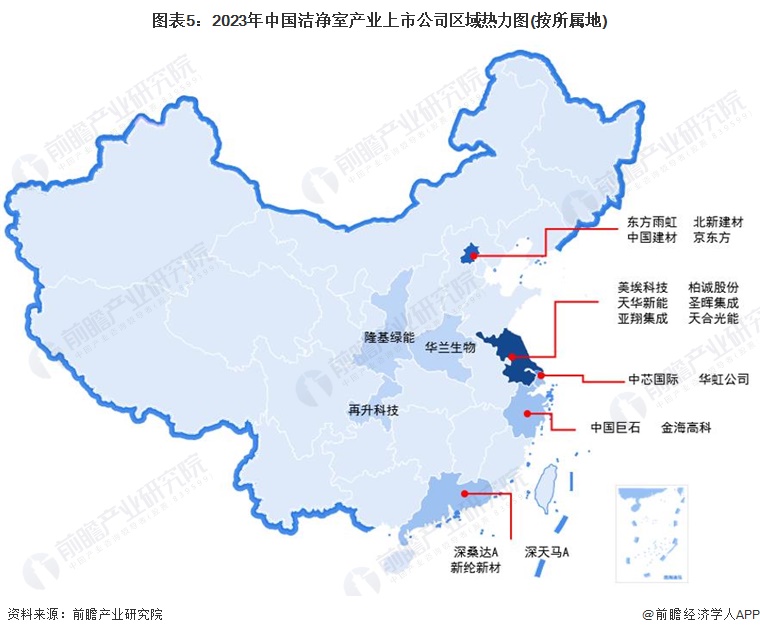 图表5：2023年中国洁净室产业上市公司区域热力图(按所属地)
