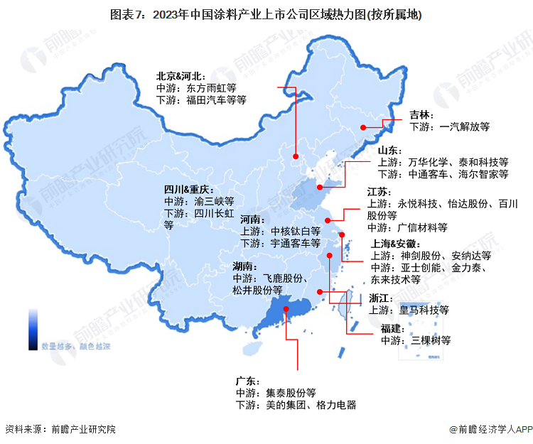 图表7：2023年中国涂料产业上市公司区域热力图(按所属地)