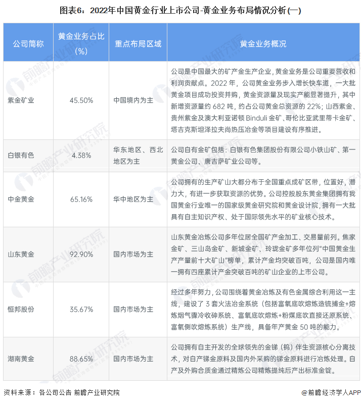 图表6：2022年中国黄金行业上市公司-黄金业务布局情况分析(一)