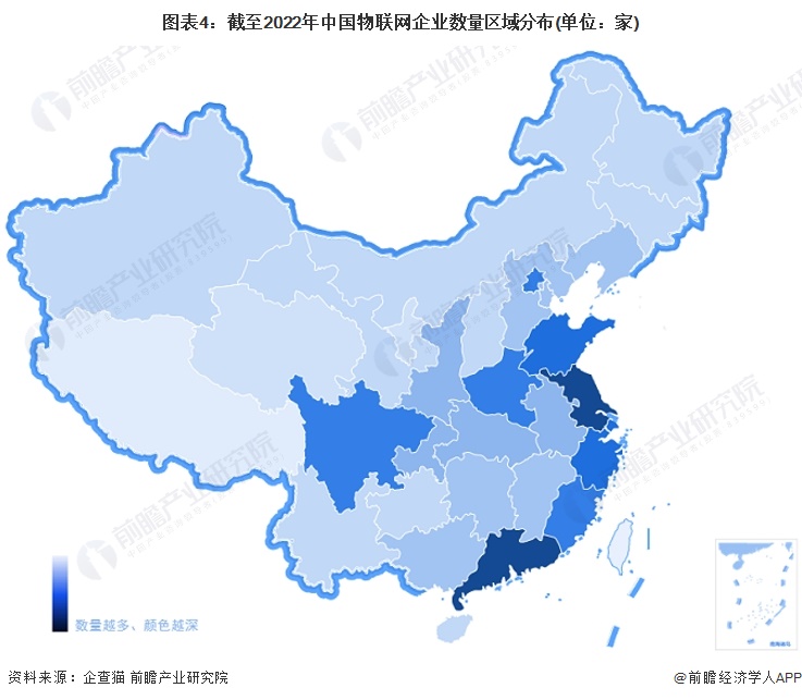 图表4：截至2022年中国物联网企业数量区域分布(单位：家)