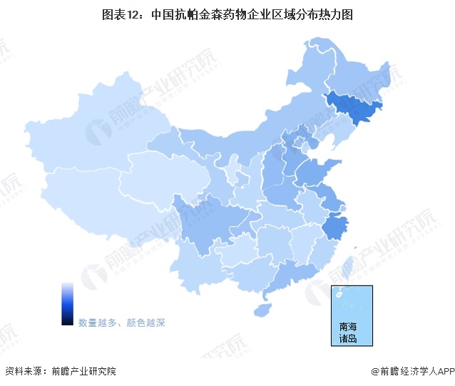图表12：中国抗帕金森药物企业区域分布热力图