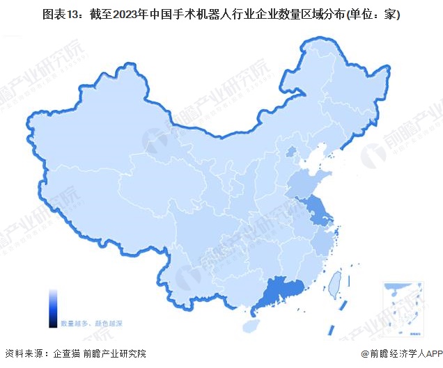 图表13：截至2023年中国手术机器人行业企业数量区域分布(单位：家)