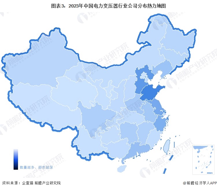 图表3：2023年中国电力变压器行业公司分布热力地图
