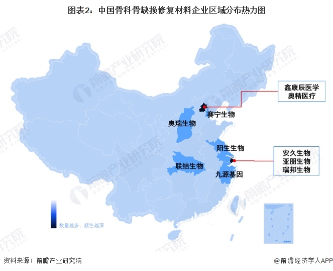 圖表2：中國骨科骨缺損修復(fù)材料企業(yè)區(qū)域分布熱力圖