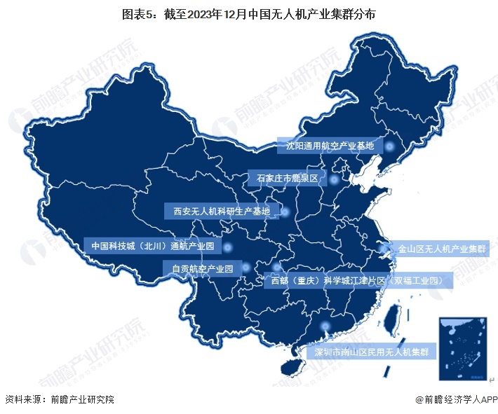 图表5：截至2023年12月中国无人机产业集群分布