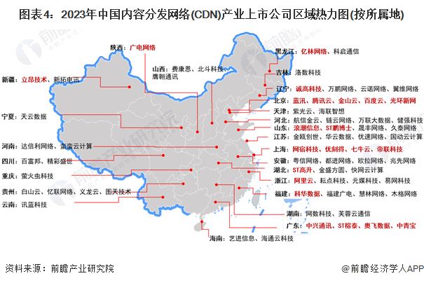 图表4：2023年中国内容分发网络(CDN)产业上市公司区域热力图(按所属地)