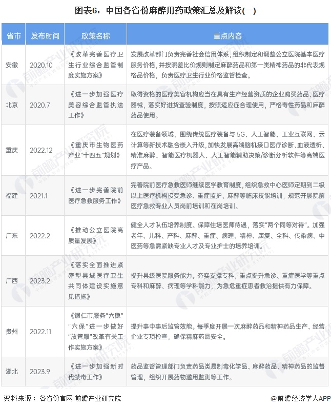 图表6：中国各省份麻醉用药政策汇总及解读(一)