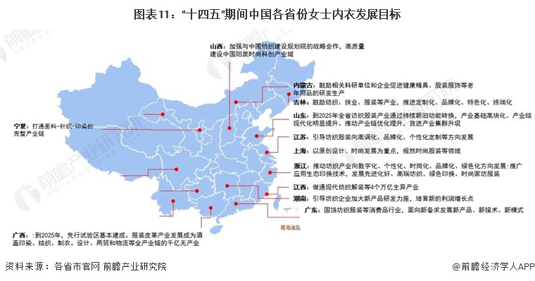 图表11：“十四五”期间中国各省份女士内衣发展目标