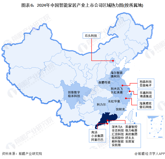 图表6：2024年中国智能家居产业上市公司区域热力图(按所属地)