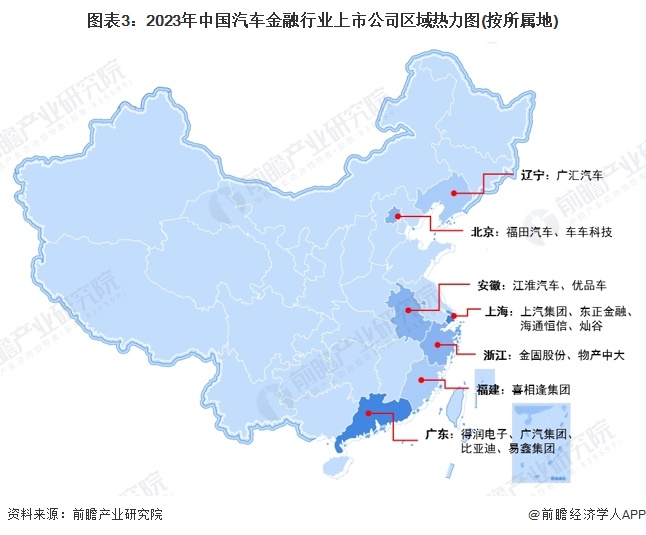 图表3：2023年中国汽车金融行业上市公司区域热力图(按所属地)
