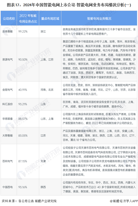 图表17：2024年中国智能电网上市公司-智能电网业务布局情况分析(一)