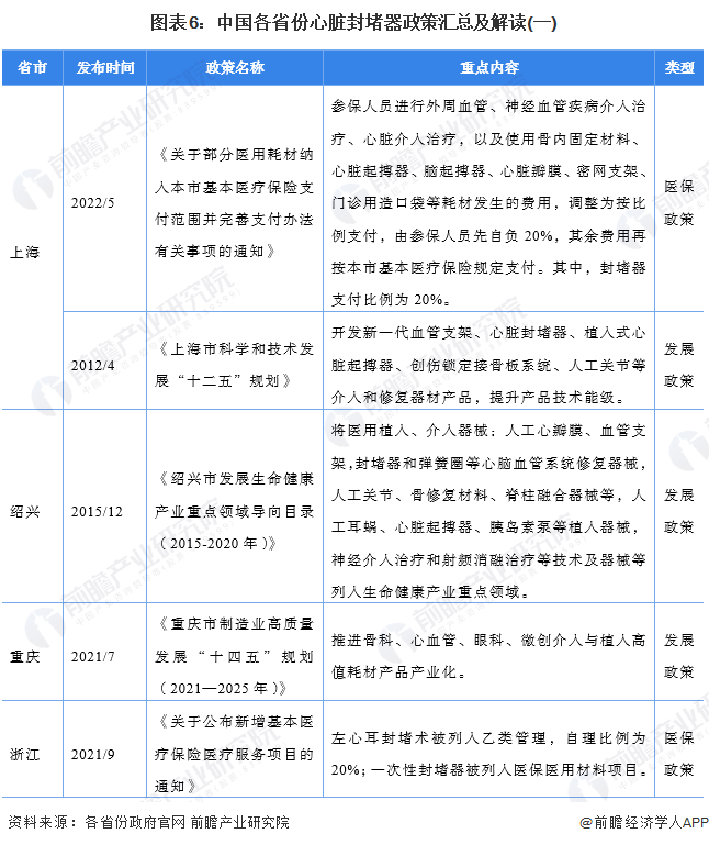 图表6：中国各省份心脏封堵器政策汇总及解读(一)