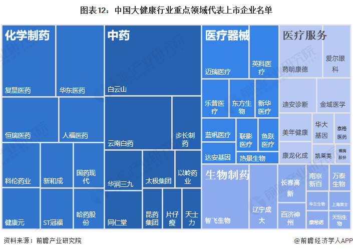 图表12：中国大健康行业重点领域代表上市企业名单
