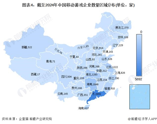 图表4：截至2024年中国移动游戏企业数量区域分布(单位：家)