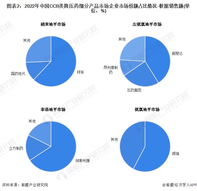 图表2：2022年中国CCB类降压药细分产品市场企业市场份额占比情况-根据销售额(单位：%)