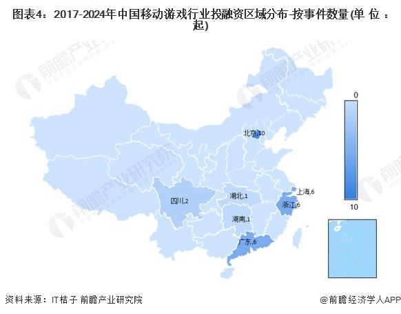 图表4：2017-2024年中国移动游戏行业投融资区域分布-按事件数量(单位：起)