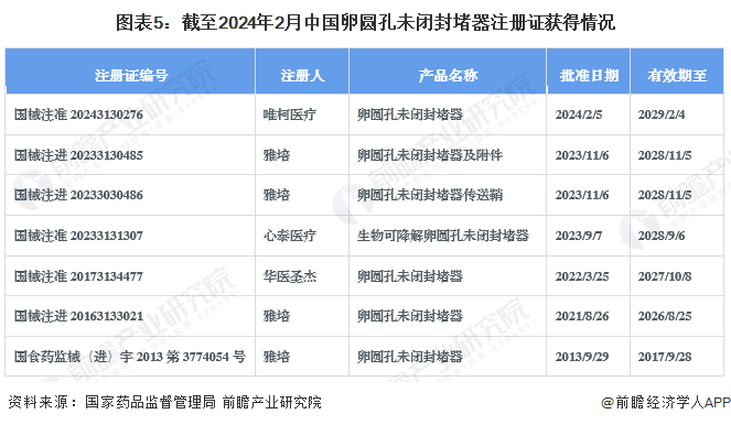 图表5：截至2024年2月中国卵圆孔未闭封堵器注册证获得情况