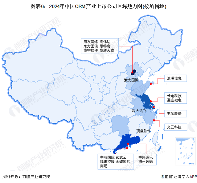 图表6：2024年中国CRM产业上市公司区域热力图(按所属地)