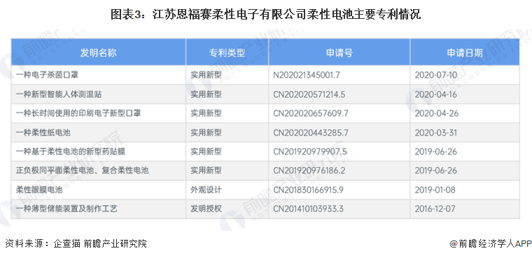 图表3：江苏恩福赛柔性电子有限公司柔性电池主要专利情况