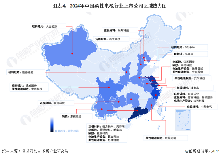 图表4：2024年中国柔性电池行业上市公司区域热力图