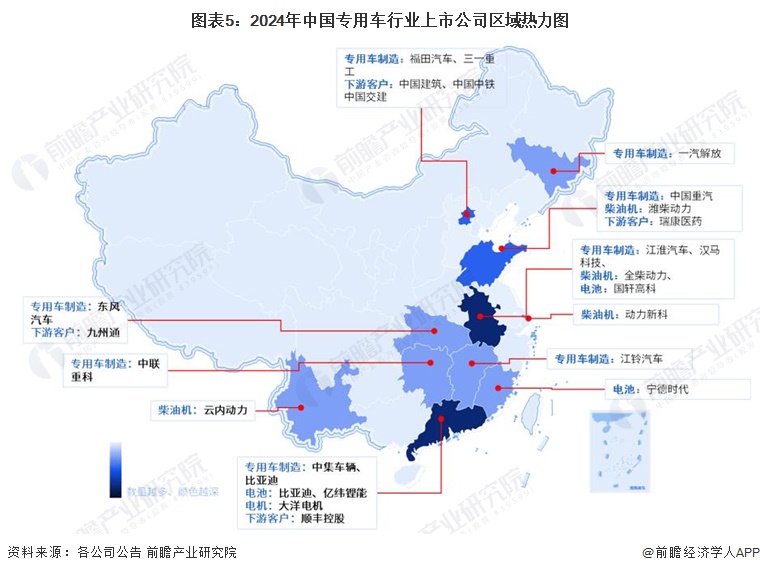图表5：2024年中国专用车行业上市公司区域热力图