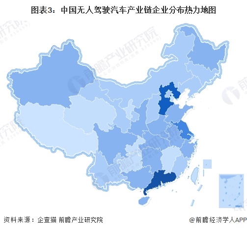 图表3：中国无人驾驶汽车产业链企业分布热力地图