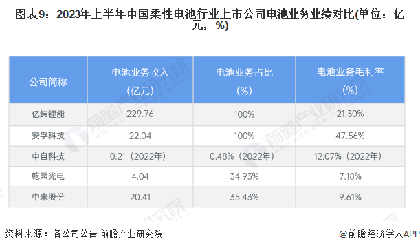 图表9：2023年上半年中国柔性电池行业上市公司电池业务业绩对比(单位：亿元，%)