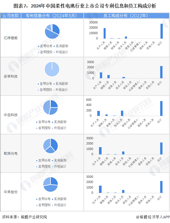 图表7：2024年中国柔性电池行业上市公司专利信息和员工构成分析