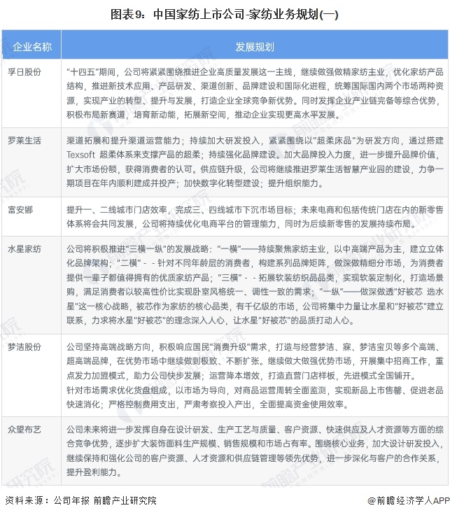 图表9：中国家纺上市公司-家纺业务规划(一)