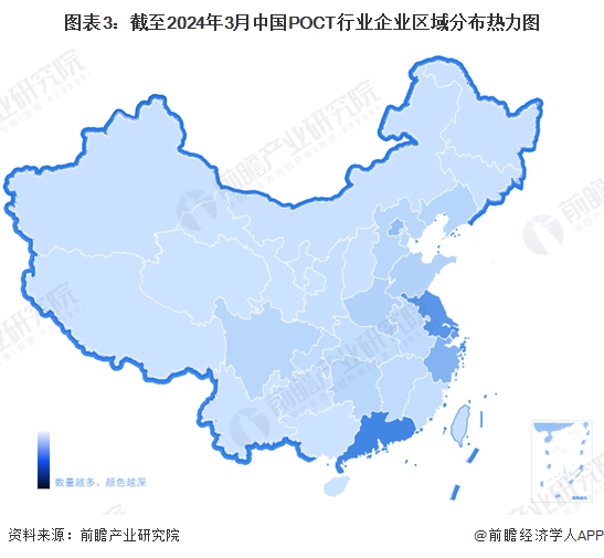 图表3：截至2024年3月中国POCT行业企业区域分布热力图