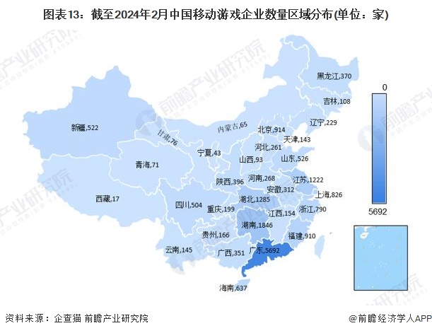 图表13：截至2024年2月中国移动游戏企业数量区域分布(单位：家)
