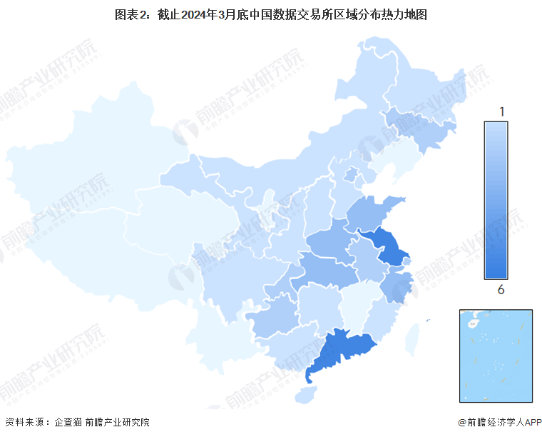 图表2：截止2024年3月底中国数据交易所区域分布热力地图