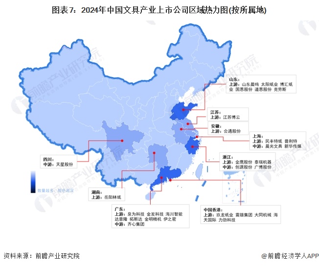 图表7：2024年中国文具产业上市公司区域热力图(按所属地)
