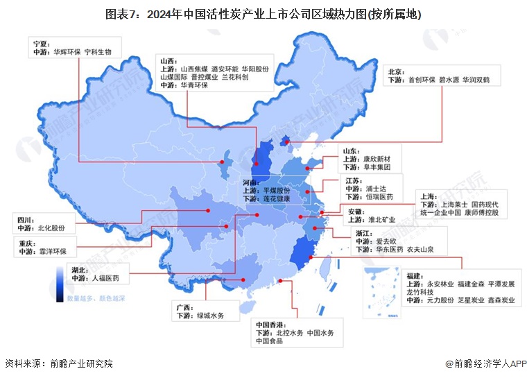 图表7：2024年中国活性炭产业上市公司区域热力图(按所属地)