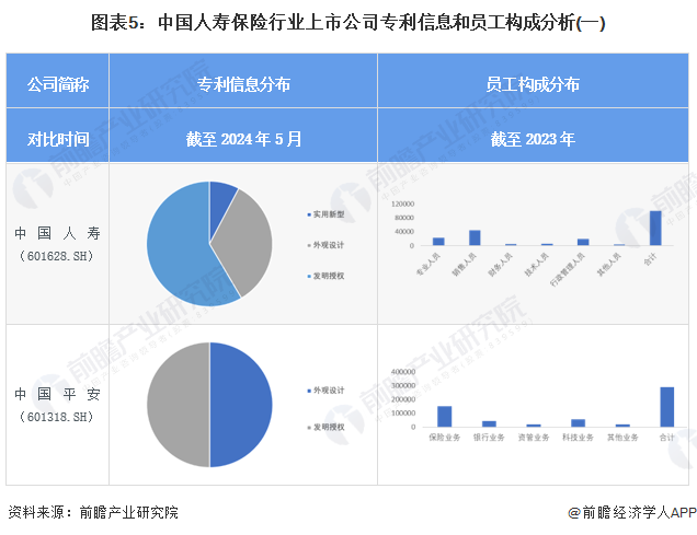 图表5：中国人寿保险行业上市公司专利信息和员工构成分析(一)