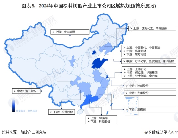 图表5：2024年中国涂料树脂产业上市公司区域热力图(按所属地)