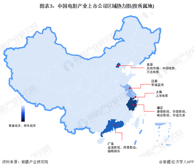 图表3：中国电影产业上市公司区域热力图(按所属地)